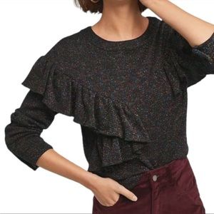 RARE Eva Franco Black Metallic Glitter Knit Ruffle Sweater M NWOT